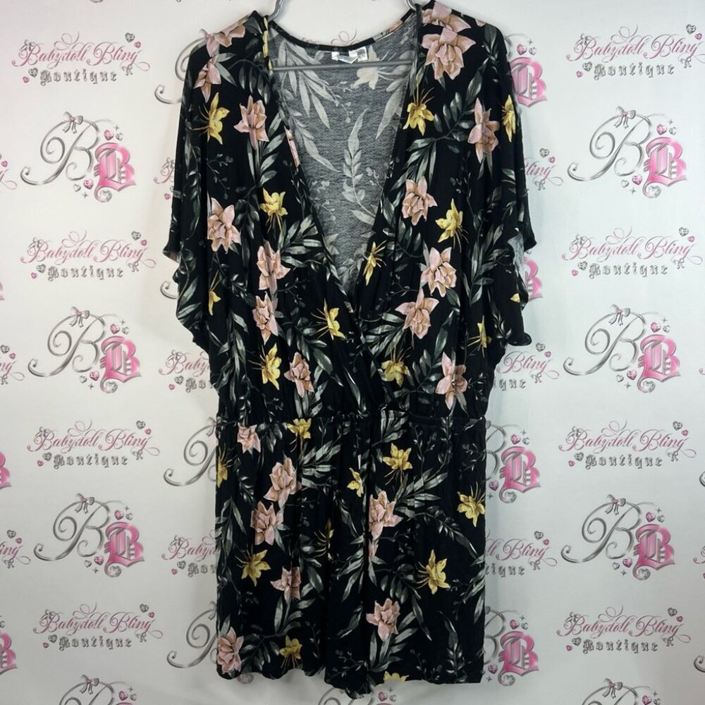 La vie en rose aqua coverup Floral Black Kimono Dress romper cinch waist